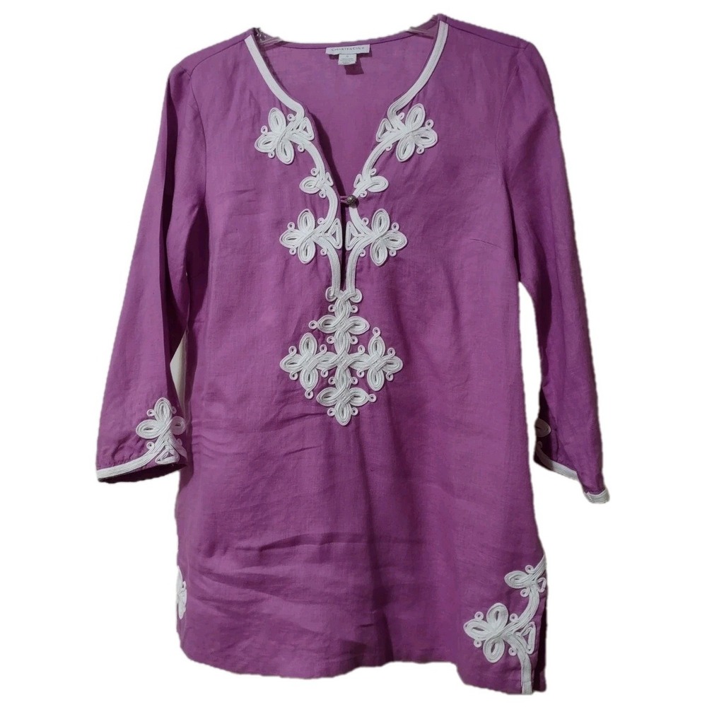 Charter Club Tunic Top S Womens Boho Coastal Purple White Soutache Linen Relaxed